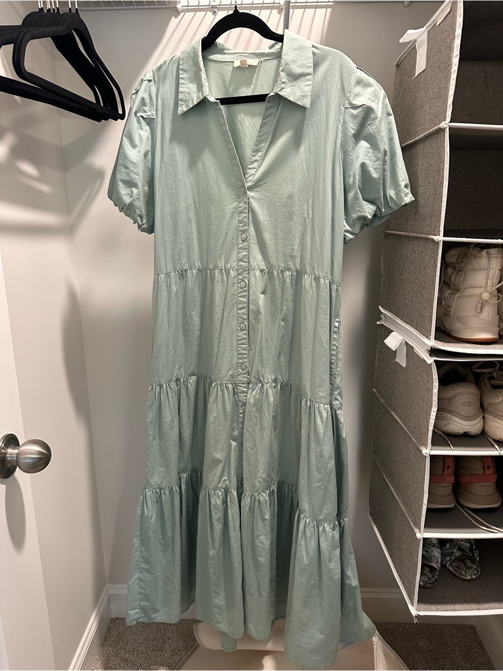 Elan Mint Green Tiered Maxi Shirt Dress
